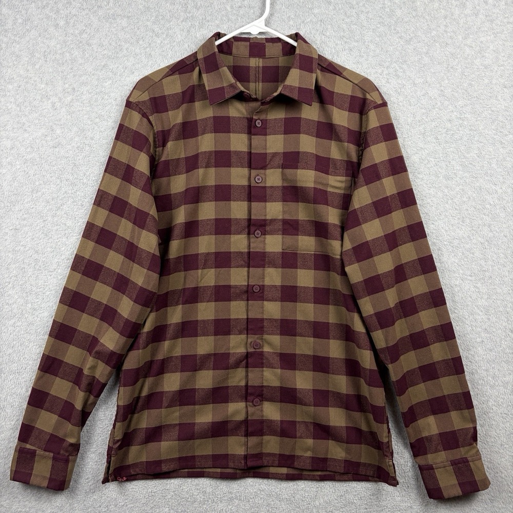 Lululemon Shirt Mens Small Tan Maroon Plaid Masons Peak Flannel Stretchy Soft